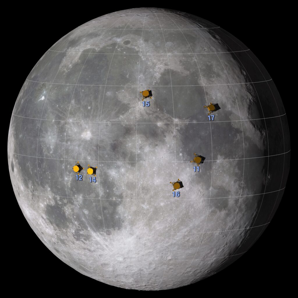 Moon landing sites for Apollo missions marked on a photo of the Moon.