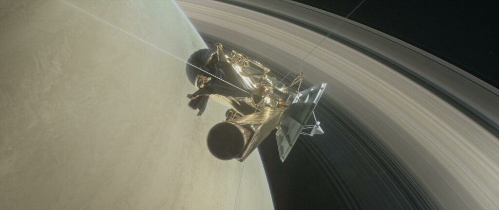 This illustration shows NASA's Cassini spacecraft about to make one of its dives between Saturn and its innermost rings as part of the mission's grand finale.