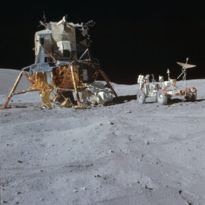 Apollo 15 lunar module with lunar rover and astronaut Irwin.