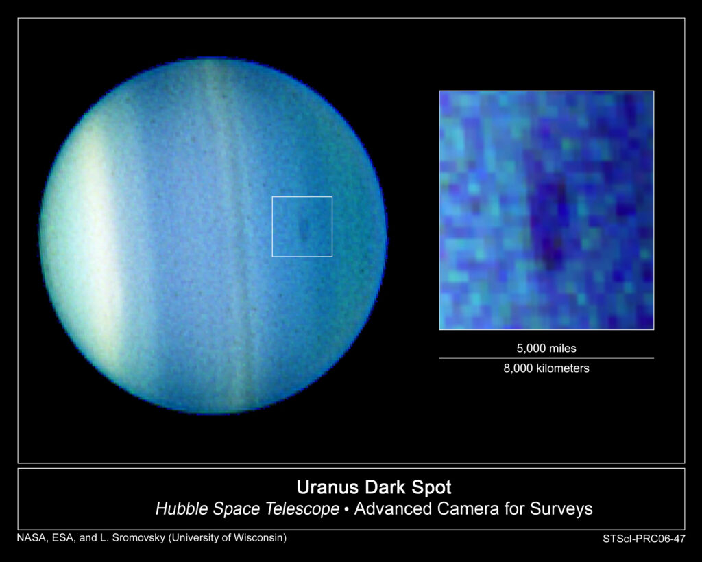 Uranus image, showing dark spot in the atmosphere.