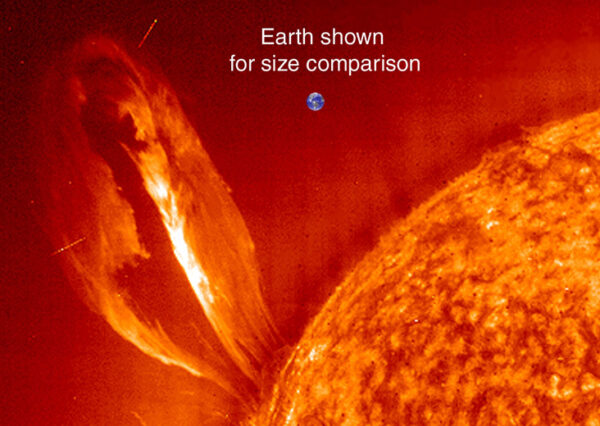Portion of the Sun with a coronal loop and the earth's size shown for comparison.