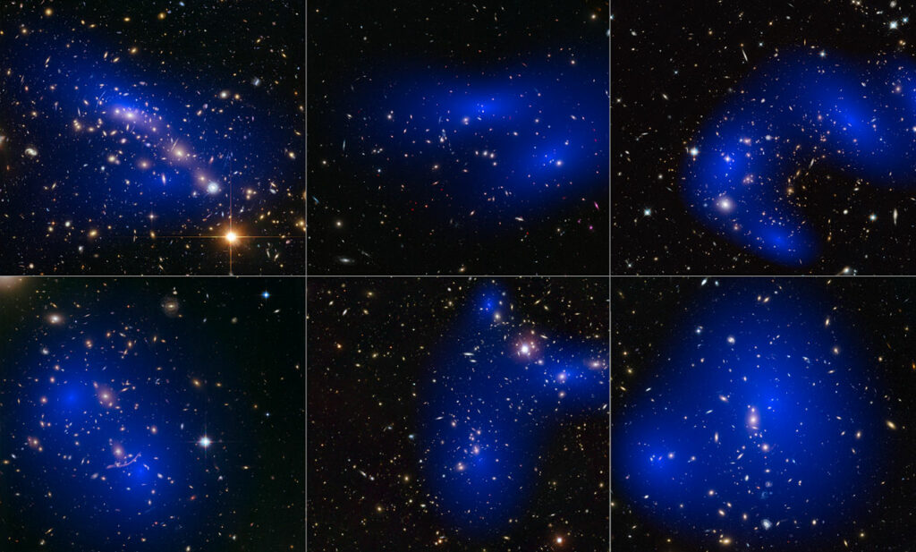 Collage of six cluster collisions with dark matter maps