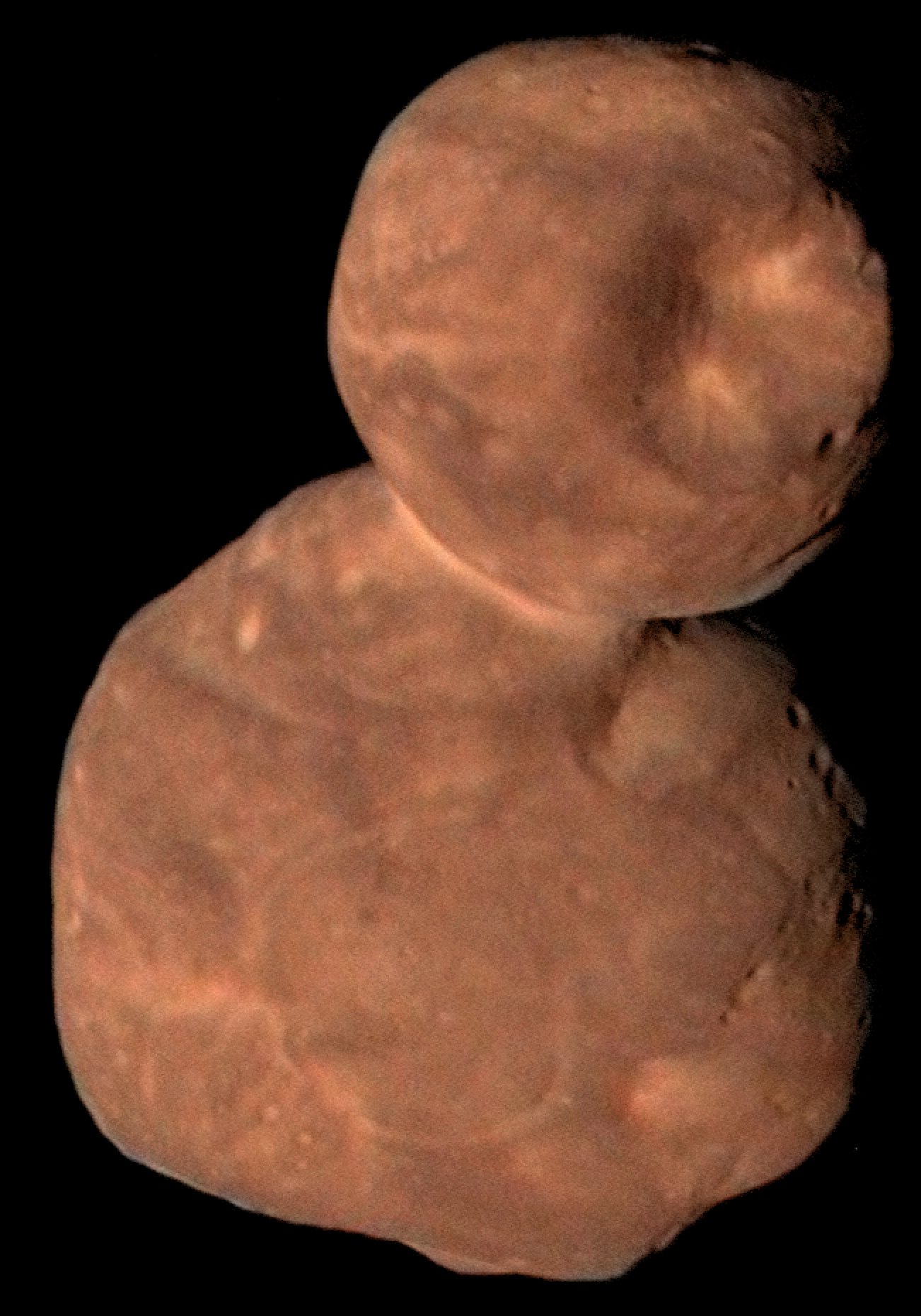 Composite image of Arrokoth (kuiper belt object 2014 MU 69) showing it's one object made from two lumps of rock like a snowman.