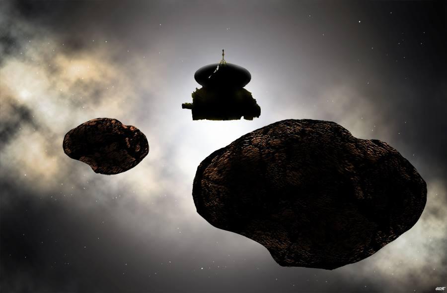 An artist's impression of new horizons near kuiper belt object 2014 MU 69 if it's two separate rocks