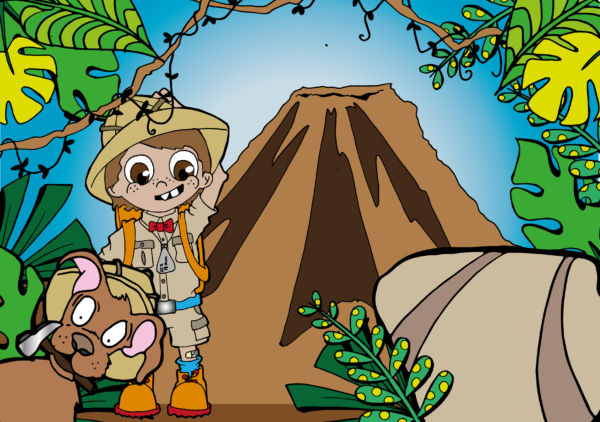 Tanno and Iguda in the jungle near a volcano, drawn by Eli Allison
