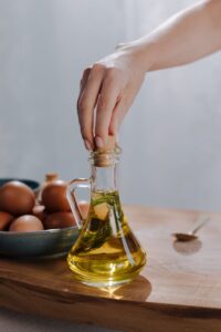 olive and eggs on table